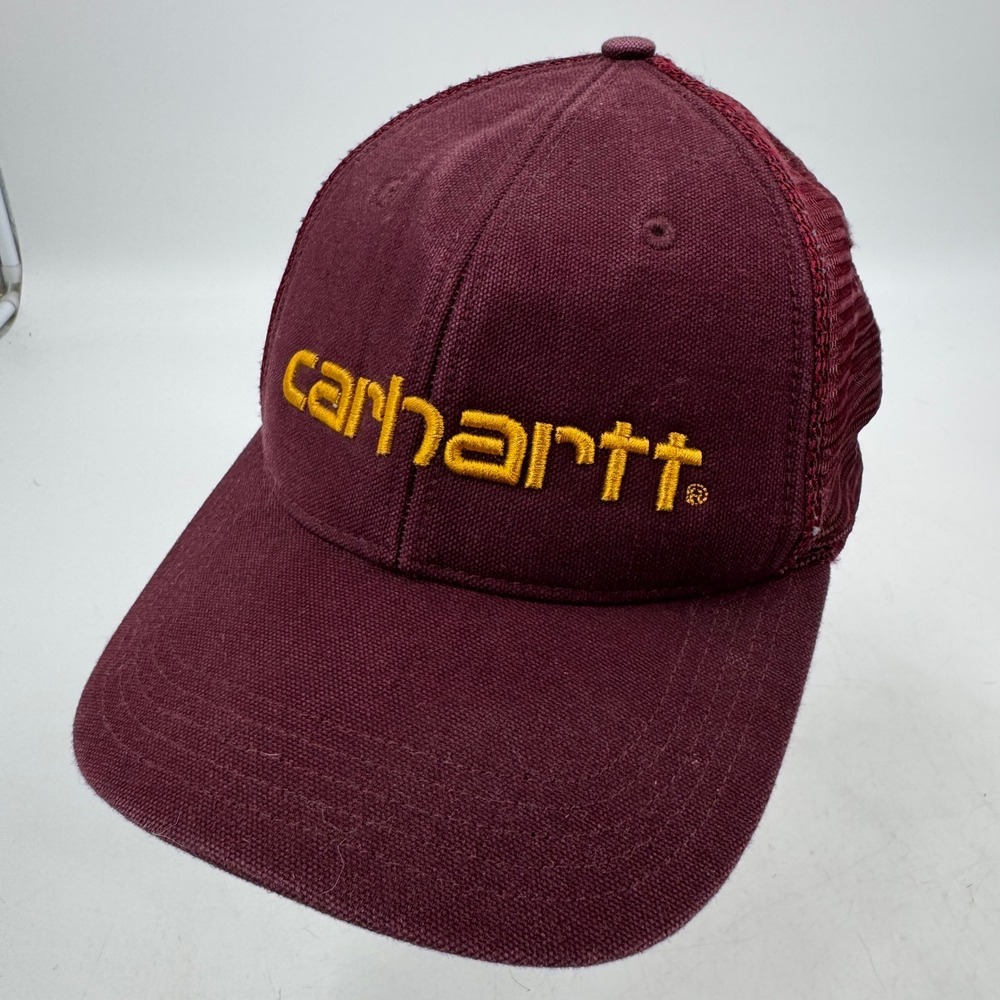Carhartt Burgundy Mesh Trucker Hat Yellow Logo‎ Adjustable Snapback